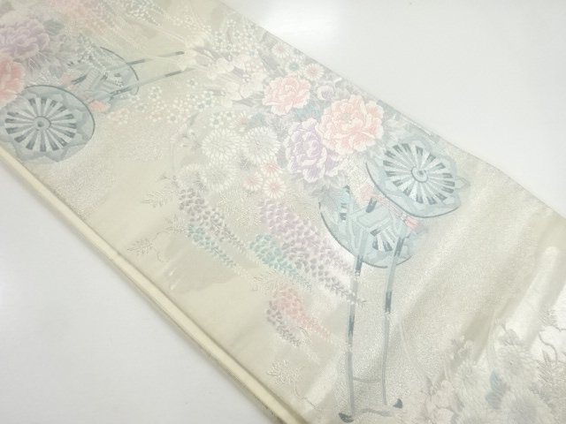 JAPANESE KIMONO / ANTIQUE FUKURO OBI / SILK / WOVEN FLORAL CART